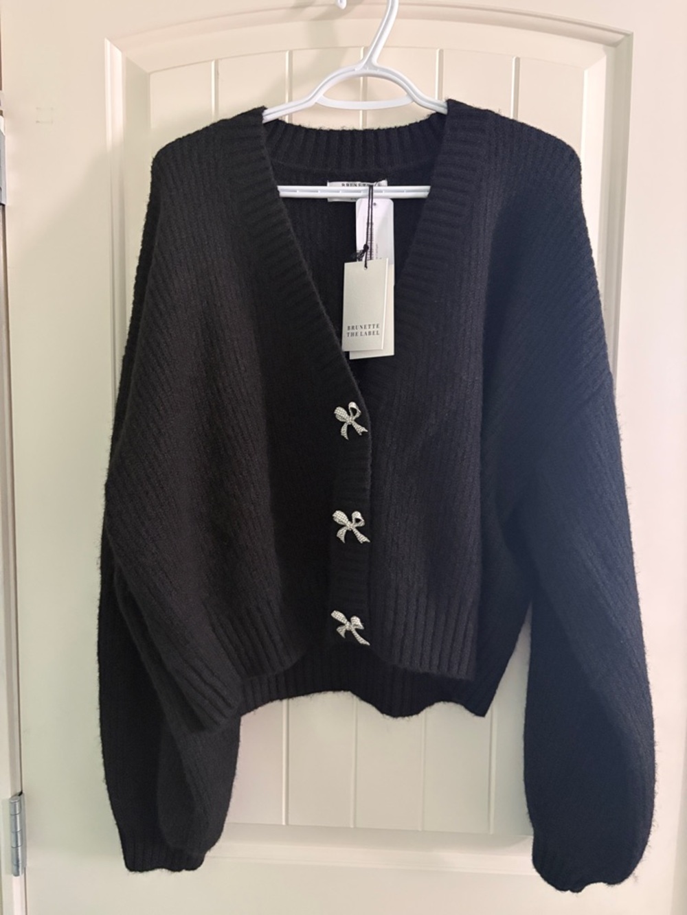 Brunette The Label Black V-Neck Cardigan with Bow Buttons